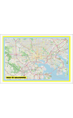 Map of Baltimore with Neighborhoods, Streets, Roads, Highways and Parks - Laminated Wall Map Poster Print - Vivid Imagery with Bright Colors