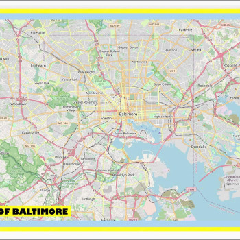 Map of Baltimore with Neighborhoods, Streets, Roads, Highways and Parks - Laminated Wall Map Poster Print - Vivid Imagery with Bright Colors