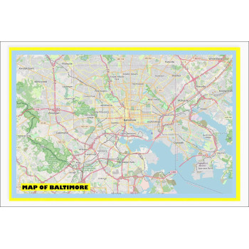 Map of Baltimore with Neighborhoods, Streets, Roads, Highways and Parks - Laminated Wall Map Poster Print - Vivid Imagery with Bright Colors
