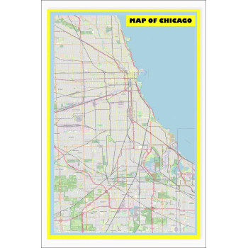 Map of Chicago with Neighborhoods, Streets, Roads, Highways and Parks - Laminated Wall Map Poster Print - Vivid Imagery with Bright Colors