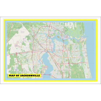 Map of Jacksonville with Neighborhoods, Streets, Roads, Highways and Parks - Laminated Wall Map Poster Print