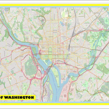 Map of Washington with Neighborhoods, Streets, Roads, Highways and Parks - Laminated Wall Map Poster Print - Vivid Imagery with Bright Colors