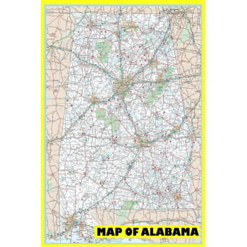 Map of Alabama Large Detailed Roads and Highways, Map of Alabama State with All Cities, Parks and Landmarks - Laminated Wall Map Poster Print