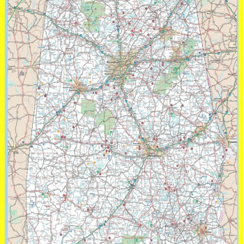 Map of Alabama Large Detailed Roads and Highways, Map of Alabama State with All Cities, Parks and Landmarks - Laminated Wall Map Poster Print