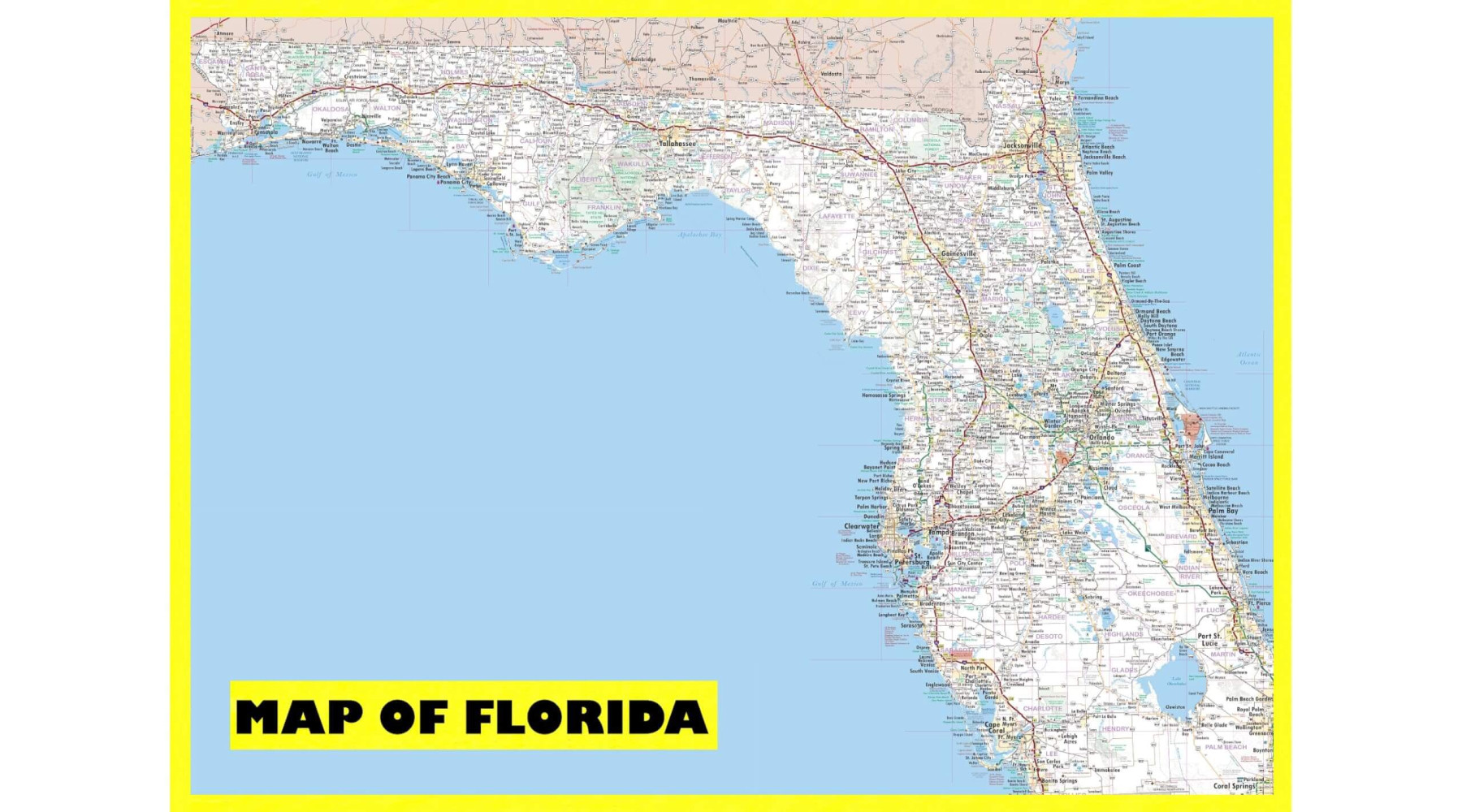 Map of Florida Large Detailed Roads and Highways, Map of Florida State with  All Cities, Parks and Landmarks - Laminated Wall Map Poster Print, image size:1800x1000