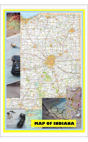 Map of Indiana Large Detailed Roads and Highways, Map of Indiana State with All Cities, Parks and Landmarks - Laminated Wall Map Poster Print