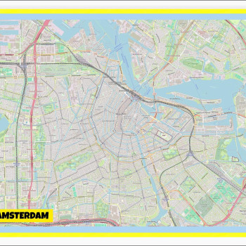 Map of Amsterdam with Neighborhoods, Streets, Roads, Highways and Parks - Laminated Wall Map Poster Print - Vivid Imagery with Bright Colors