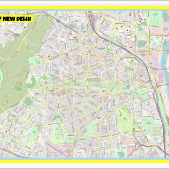 Map of New Delhi with Neighborhoods, Streets, Roads, Highways and Parks - Laminated Wall Map Poster Print - Vivid Imagery with Bright Colors