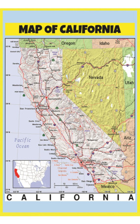 Map of California Style C  - Laminated Wall Map Poster Print Perfect for Classrooms and Homes - Vivid Imagery with Bright Colors