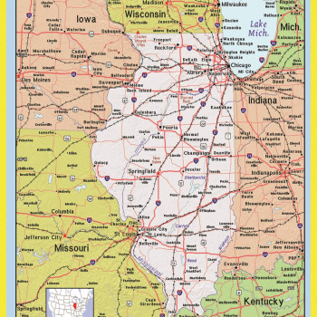 Map of Illinois Style C - Laminated Wall Map Poster Print Perfect for Classrooms and Homes - Vivid Imagery with Bright Colors