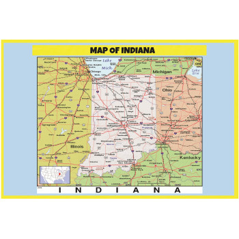 Map of Indiana Style C  - Laminated Wall Map Poster Print Perfect for Classrooms and Homes - Vivid Imagery with Bright Colors