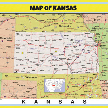 Map of Kansas Style C - Laminated Wall Map Poster Print Perfect for Classrooms and Homes - Vivid Imagery with Bright Colors