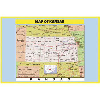 Map of Kansas Style C - Laminated Wall Map Poster Print Perfect for Classrooms and Homes - Vivid Imagery with Bright Colors