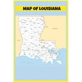 Map of Louisiana  - Laminated Wall Map Poster Print Perfect for Classrooms and Homes - Vivid Imagery with Bright Colors