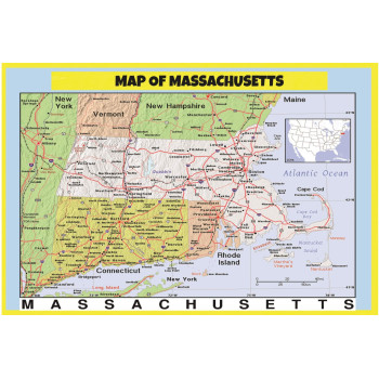 Map of Massachusetts Style 2 - Laminated Wall Map Poster Print Perfect for Classrooms and Homes - Vivid Imagery with Bright Colors