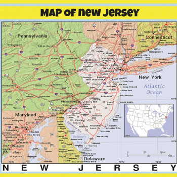Map of New Jersey Style C - Laminated Wall Map Poster Print Perfect for Classrooms and Homes - Vivid Imagery with Bright Colors