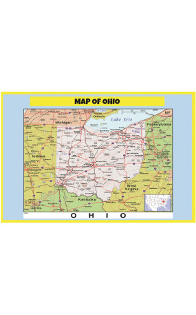 Map of Ohio Style C  - Laminated Wall Map Poster Print Perfect for Classrooms and Homes - Vivid Imagery with Bright Colors