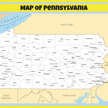 Map of Pennsylvania  - Laminated Wall Map Poster Print Perfect for Classrooms and Homes - Vivid Imagery with Bright Colors