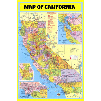 Map of California Style 3  - Laminated Wall Map Poster Print Perfect for Classrooms and Homes - Vivid Imagery with Bright Colors