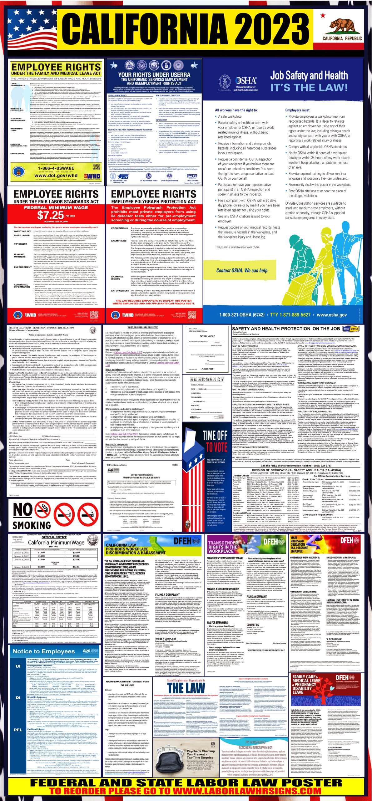 California 2020 Edition Federal and OSHA Compliant Laminated Poster State English and Spanish Bundle CA Labor Law Poster 