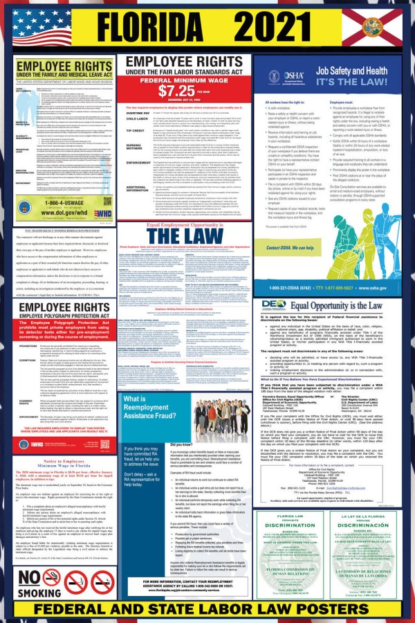 2021 Florida Labor Law Posters State Federal OSHA LABORLAWHRSIGNS