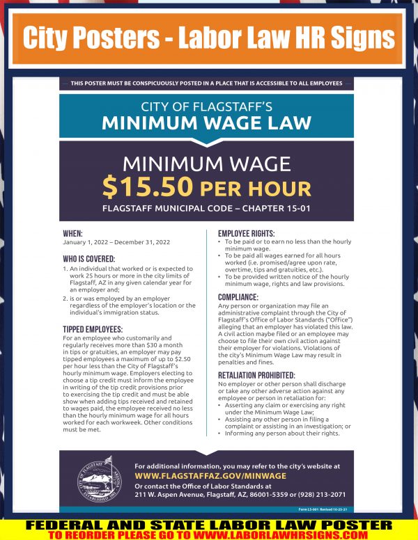 ArizonaFlagstaff Minimum Wage City Poster LABORLAWHRSIGNS