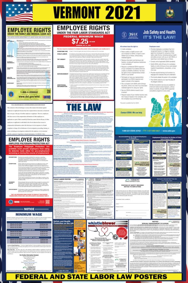 2021 Vermont State and Federal Labor Law Poster VT LABORLAWHRSIGNS