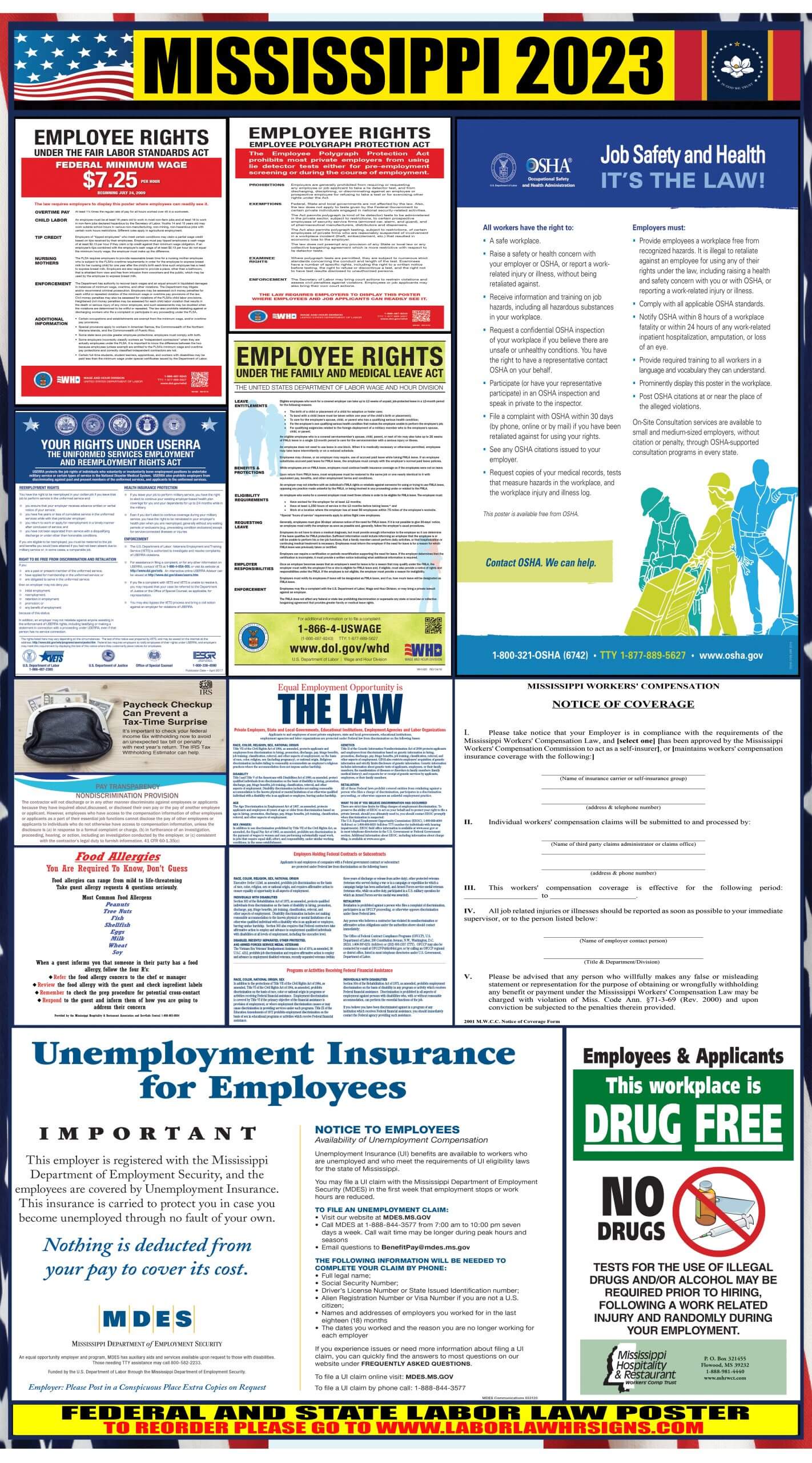OSHA Compliant State 2019 Mississippi Labor Law Poster Laminated Mandatory All in One Poster Federal 