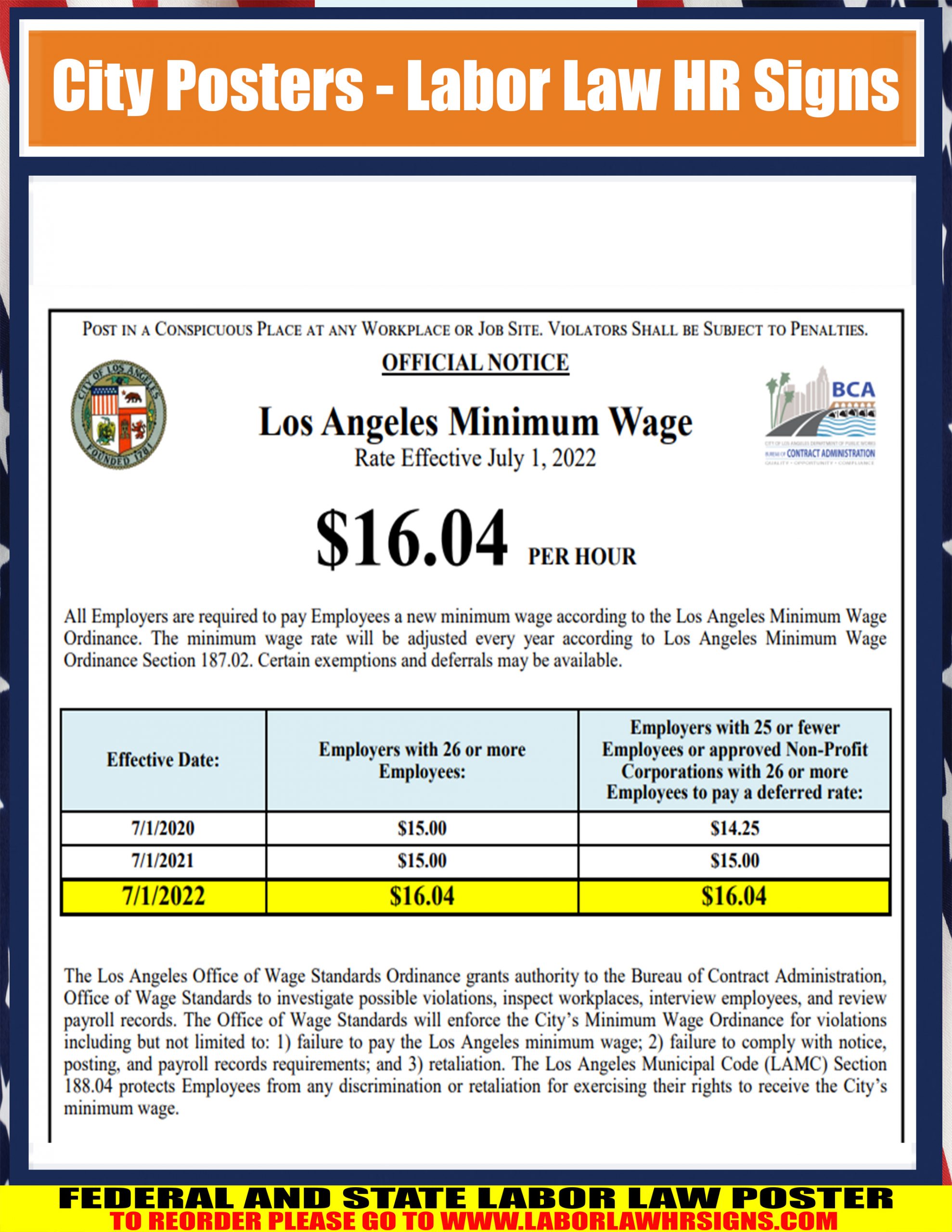 CALIFORNIA Los Angeles Minimum Wage City Poster LABORLAWHRSIGNS